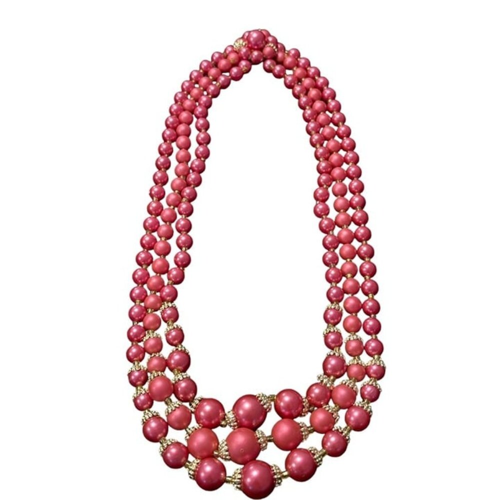Vintage Triple Strand Graduated Fuchsia Pink Bead Waterfall Necklace Japan